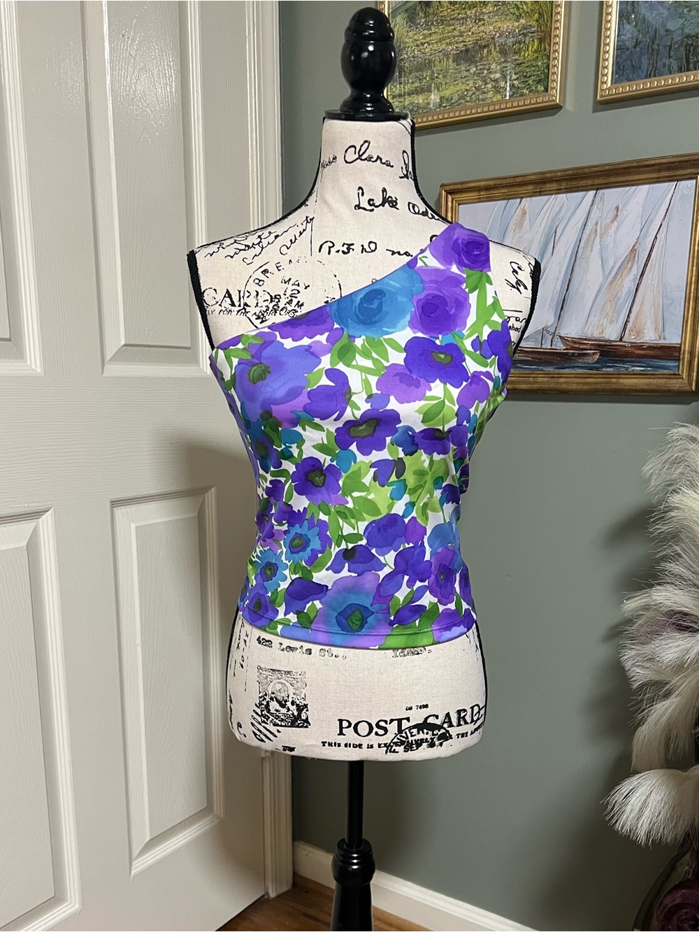 Vintage Jacobi Purple Floral One Shoulder Top SZ M 90s Y2K Whimsigoth Fairycore